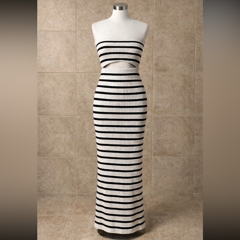 AKIRA Black and White Strapless Cutout Knit Maxi Dress